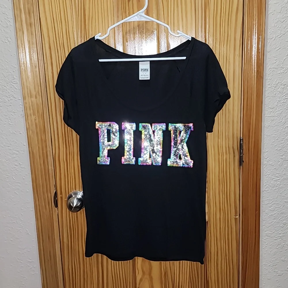 VS PINK- Rainbow Lined Silver Bling Logo Black T-Shirt Size Large - Picture 3 of 6